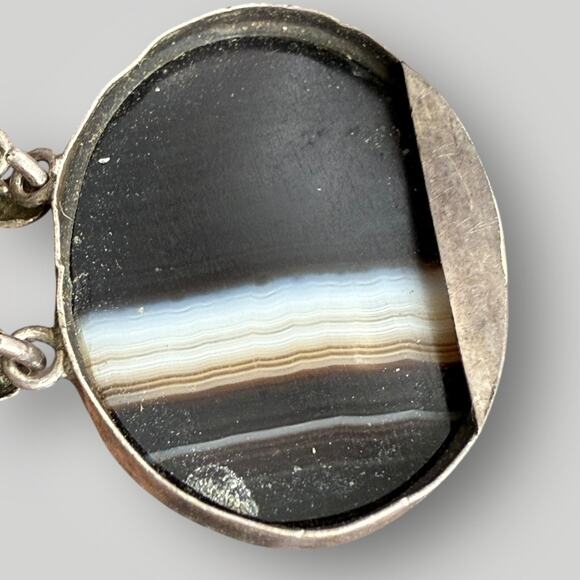 Vintage Sterling Silver Banded Agate Bracelet Oval Cabochon Stones sz 7 - Picture 2 of 9